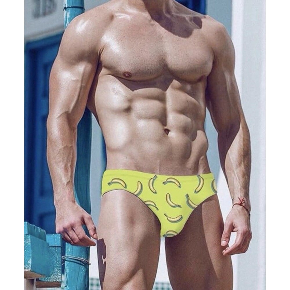 Men's Hot Body Quick Dry Swimsuit Brief Sexy banana PRINT  yellow /green Medium